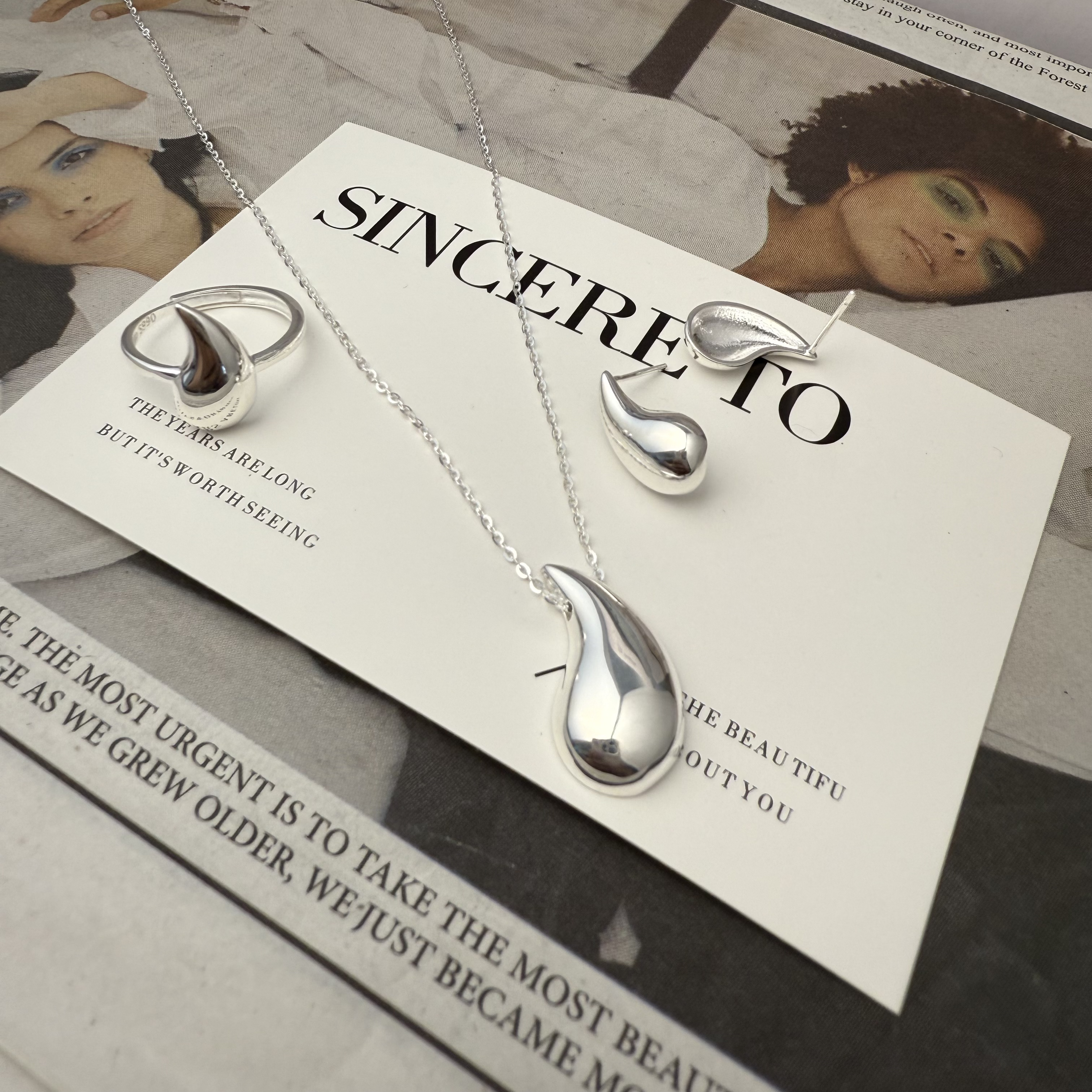 足银耳饰 纯银光面三件套