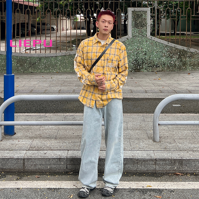 猎璞浅蓝色牛仔裤男秋季百搭宽松美式直筒裤男士新款港风休闲长裤