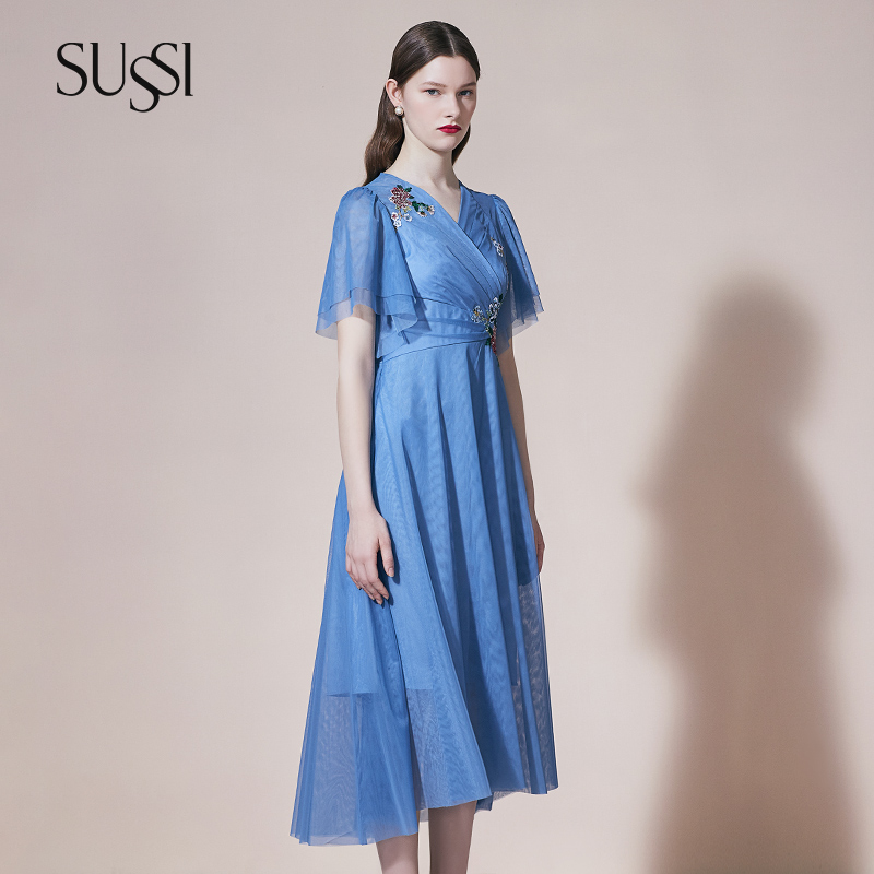 SUSSI/古色夏季商场同款蓝色减龄仙女温柔短袖中国风女装气质