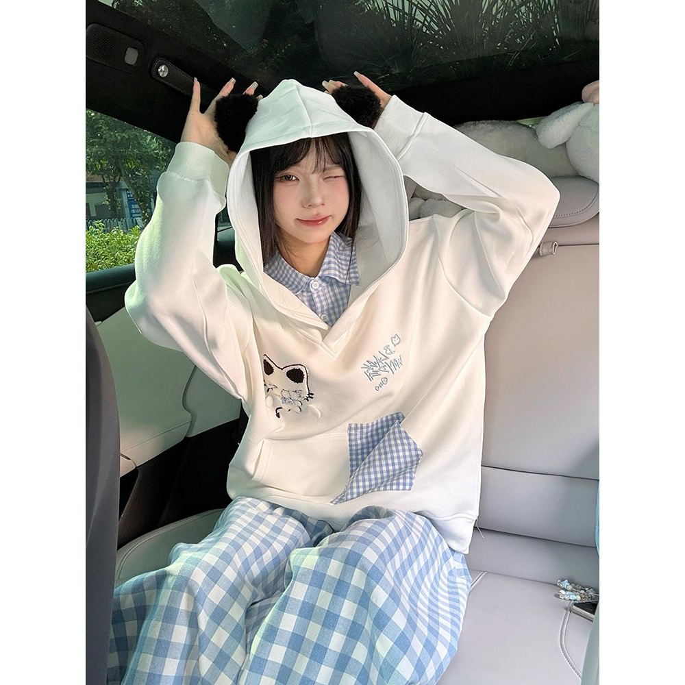 宽松学院风薄款纯棉华棉复合刺绣格子卫衣女连帽polo领休闲ins