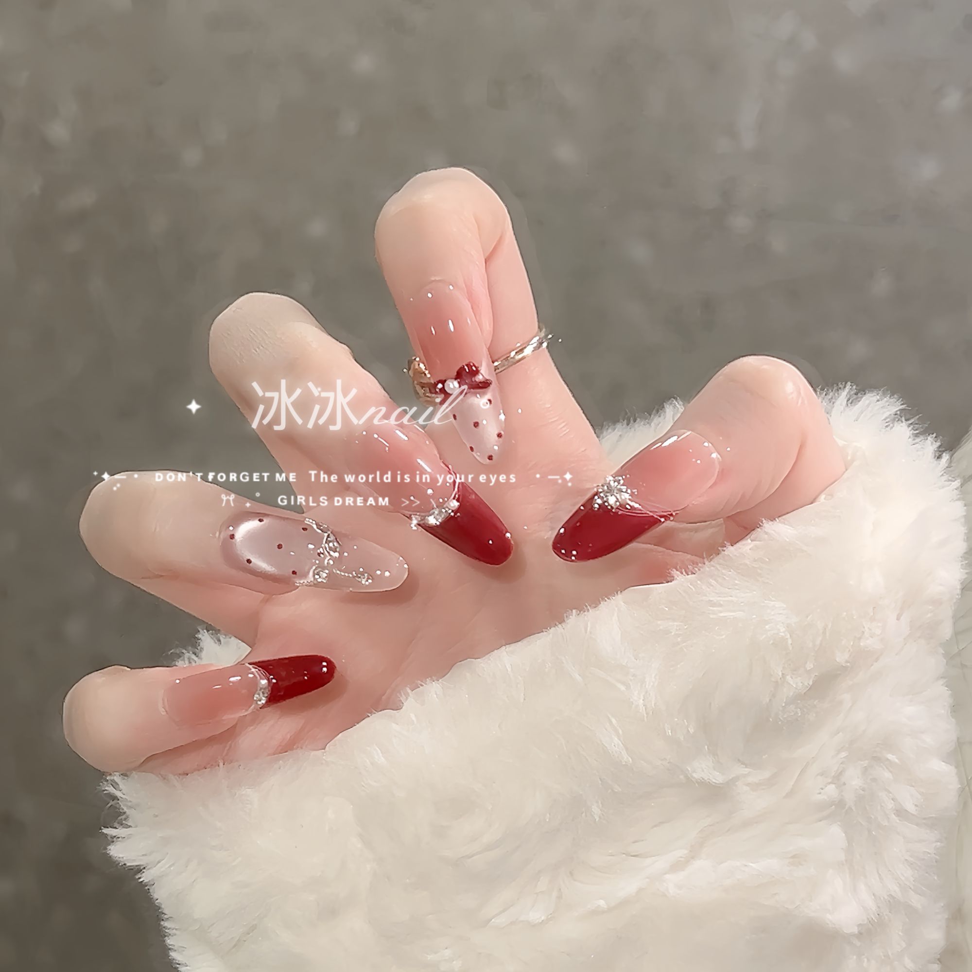 【酒红千金】新款波点手工蝴蝶结显白爆闪红色猫眼法式高级穿戴美甲