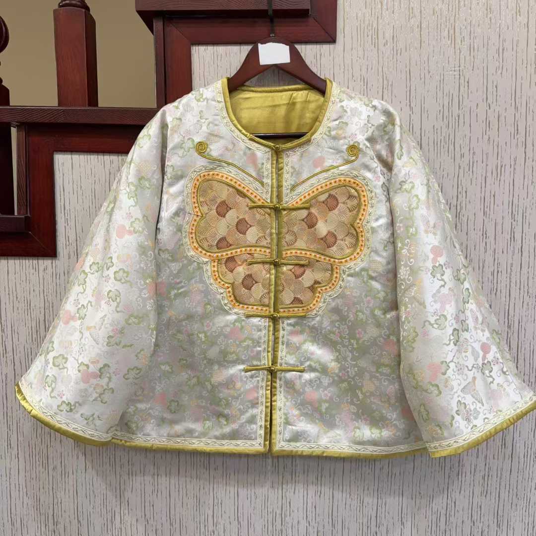 秋冬新款对襟真丝宋葫芦连枝锦蝴蝶手工棉服棉袄