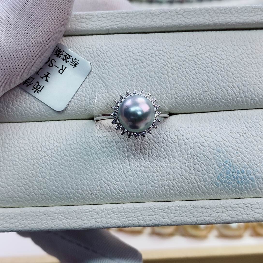 银S925镶嵌戒指海水珍珠7-8