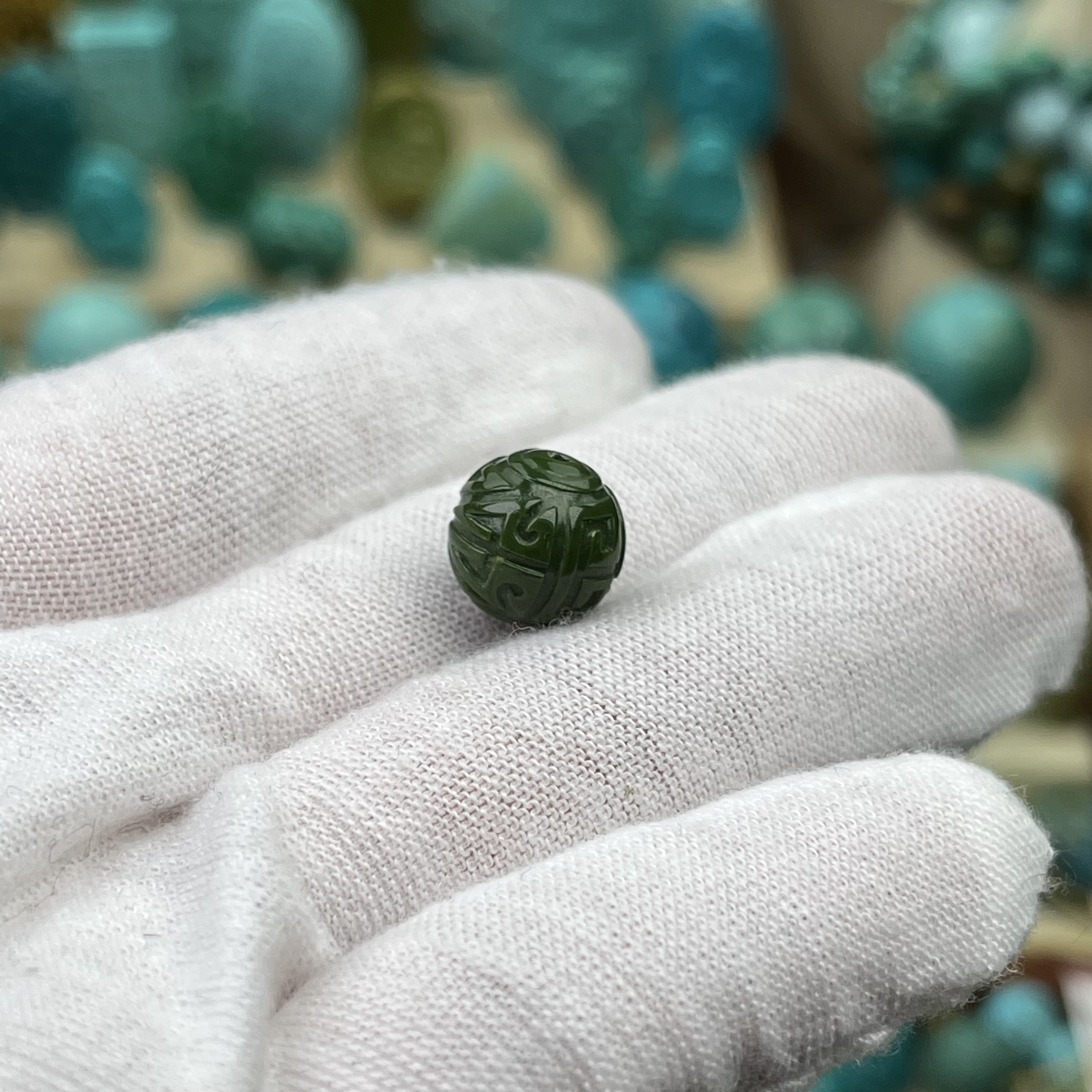 天然原矿绿松石配饰10.1mm博古纹圆珠