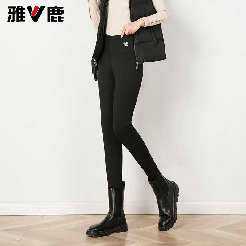 雅鹿2025冬女外穿黑色加绒裤显瘦修身鲨鱼裤打底裤保暖棉裤