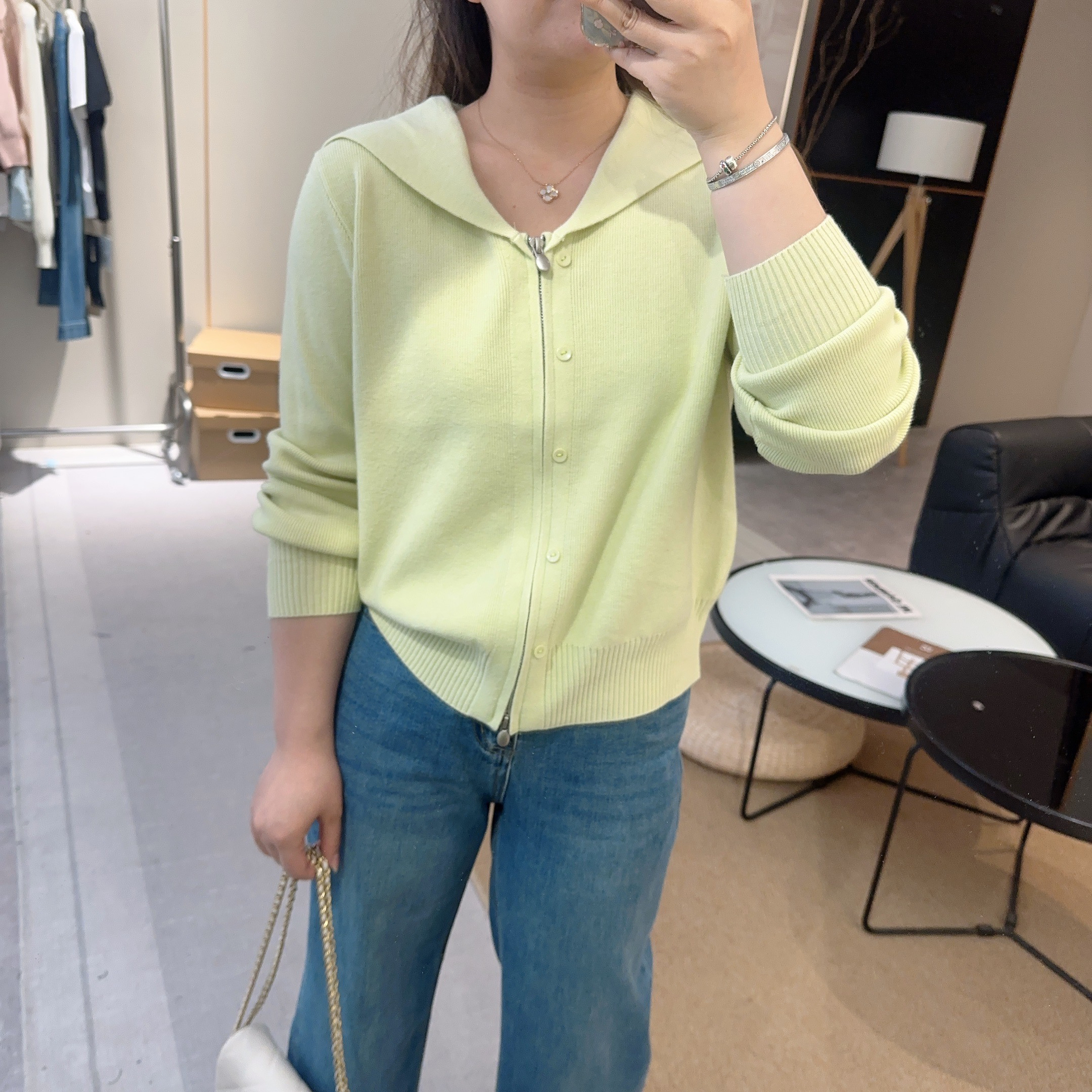 【欧加粒粒】2025早春双拉链海军领宽松百搭长袖针织开衫 S25021507