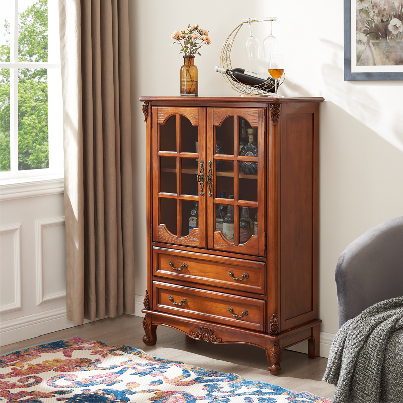 美式全实木小酒柜客厅高档电视边柜展示柜欧式玻璃门储物双门矮柜