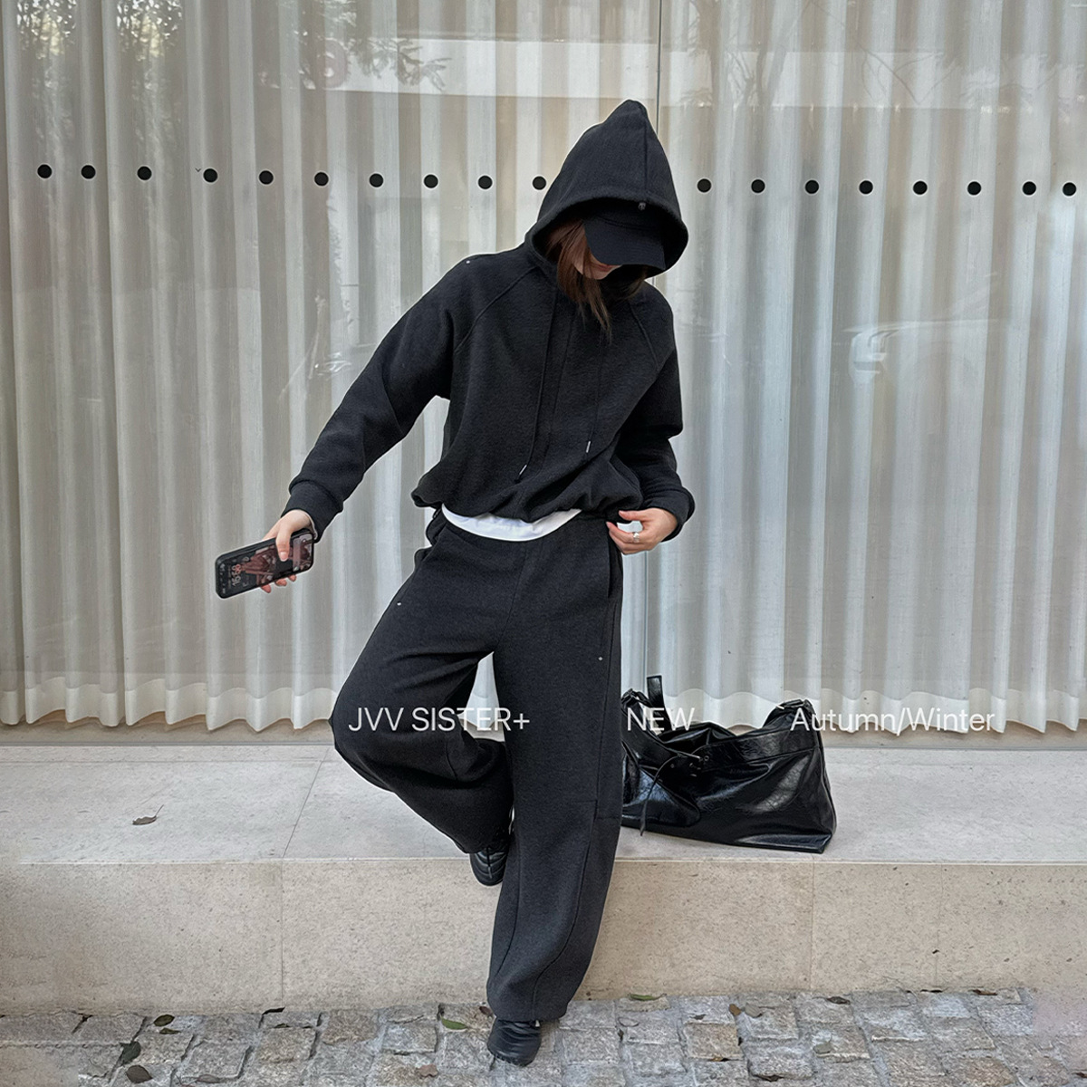 JVV十三行2025冬季新款连帽宽松卫衣休闲长裤两件套套装女潮00803
