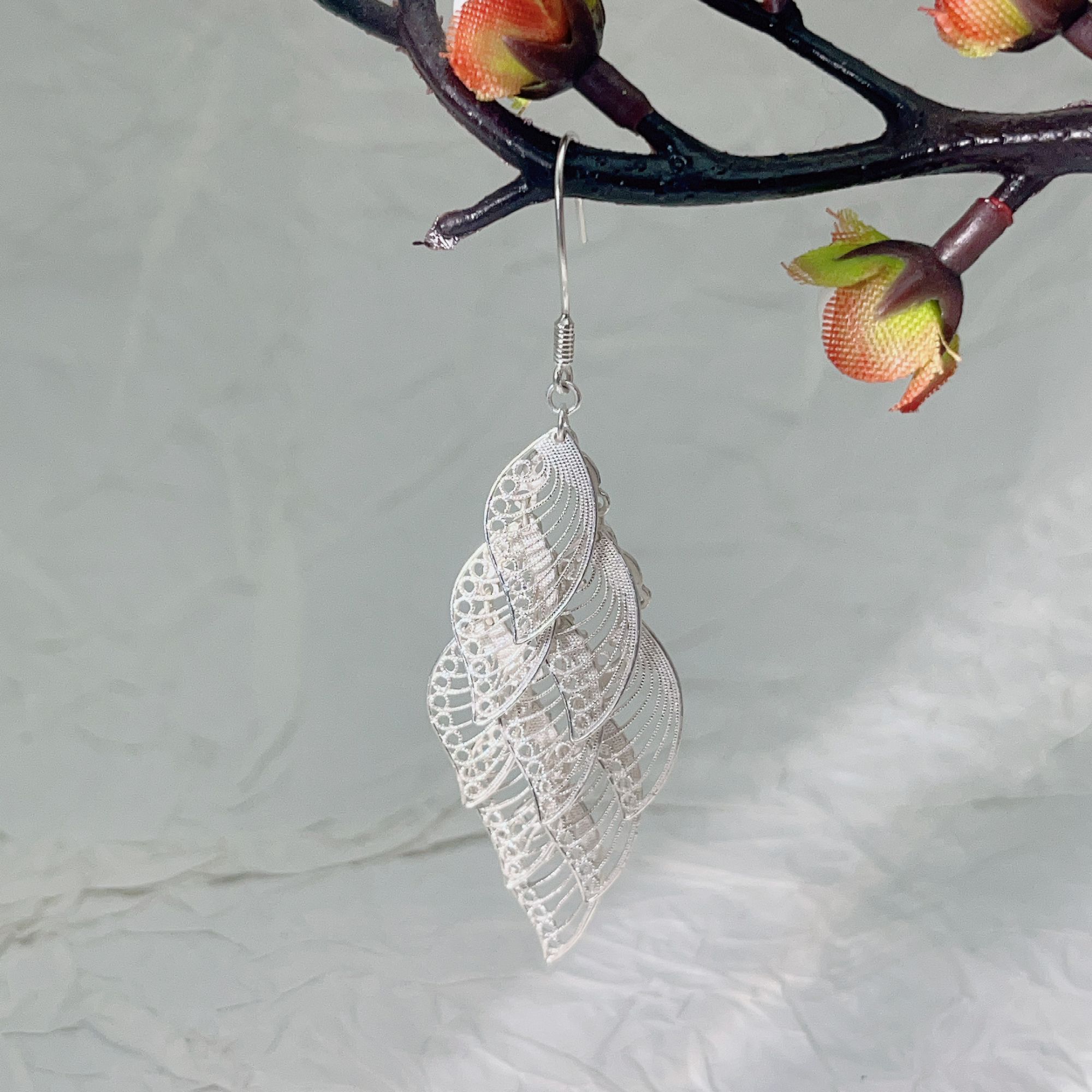 足银耳饰 足银 黔艺银阁 花丝灵动流苏叶子耳坠