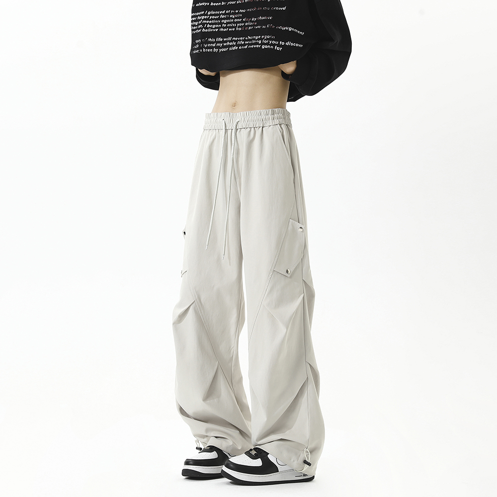 美式高街褶皱工装裤男春秋季2025新款宽松直筒长裤阔腿裤子卡其色