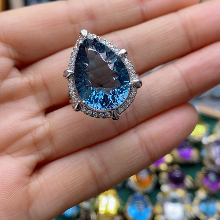 托帕石戒指银S925镶嵌糖*果天然托帕石戒指