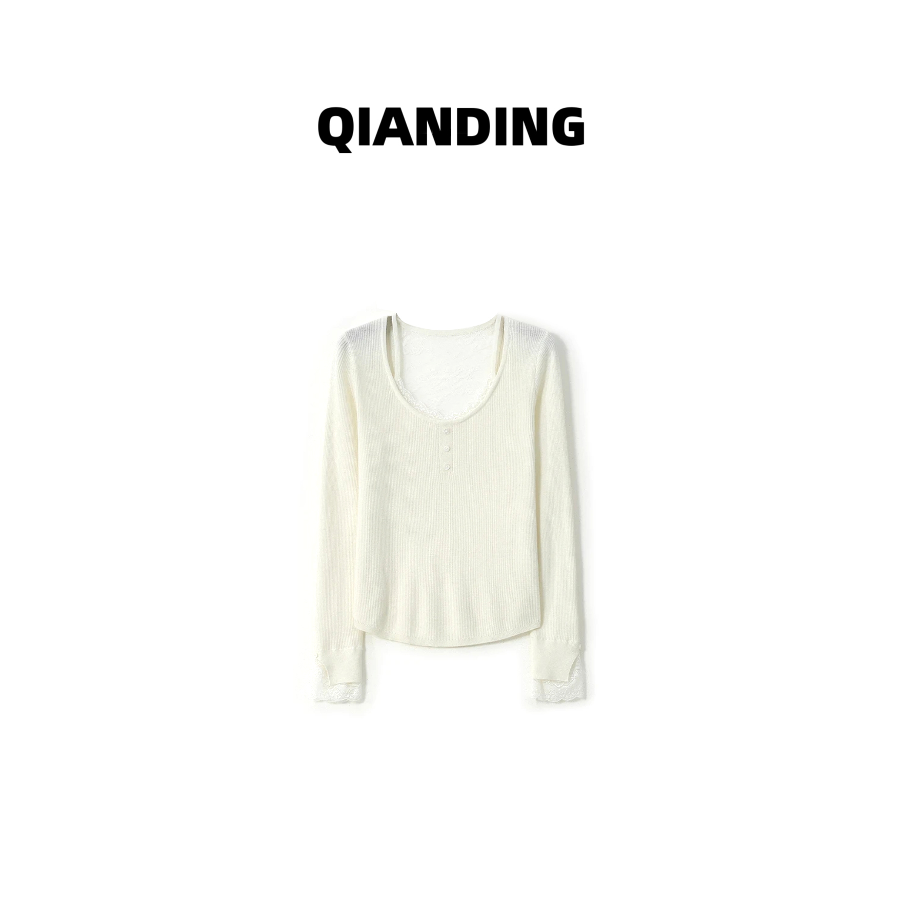 【QIANDING】【纯欲花蕾假两件】超细美利奴绵羊毛蕾丝针织毛衣F157
