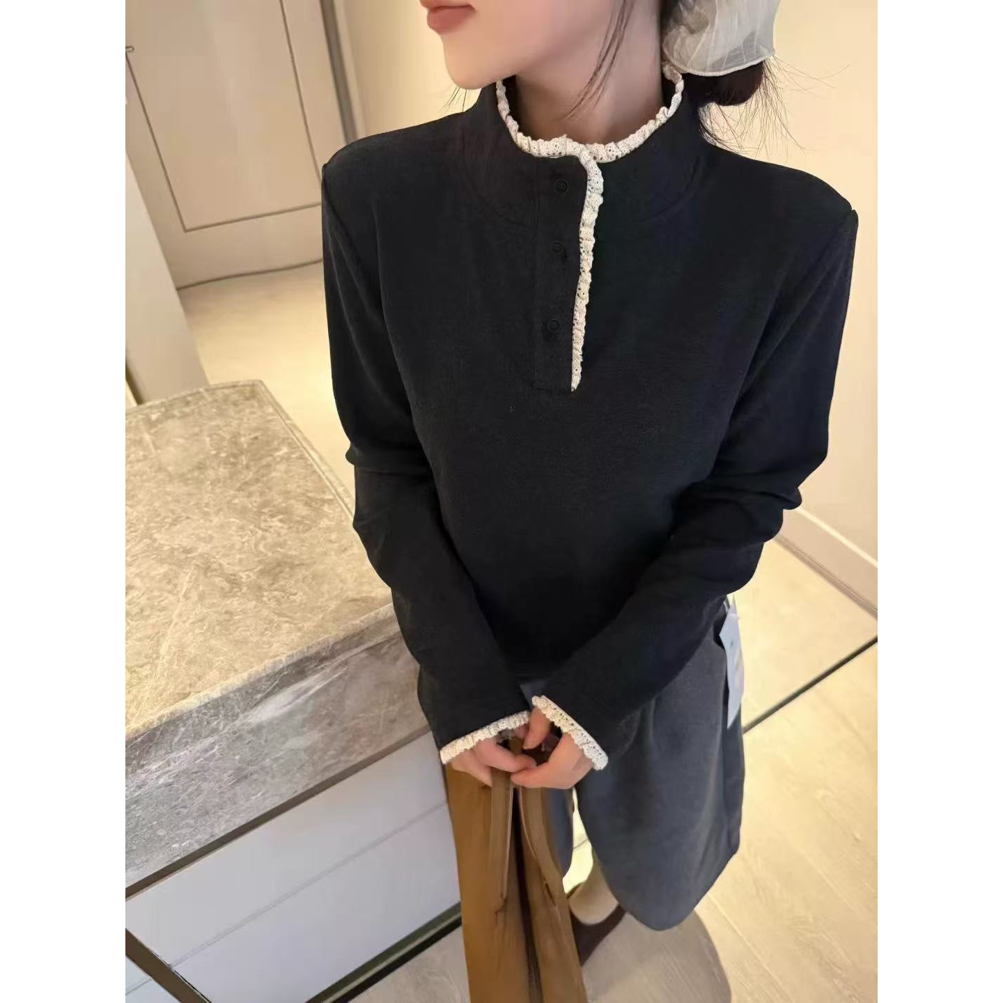 【半高领蕾丝羊毛打底T】蕾丝花边百搭半高领双面绒打底衫581