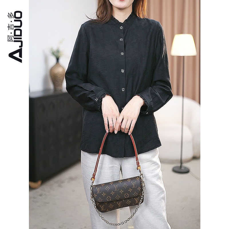 阿吉多A31009木耳边圆领长袖衬衫女早秋洋气拼接上衣宽松显瘦衬衣