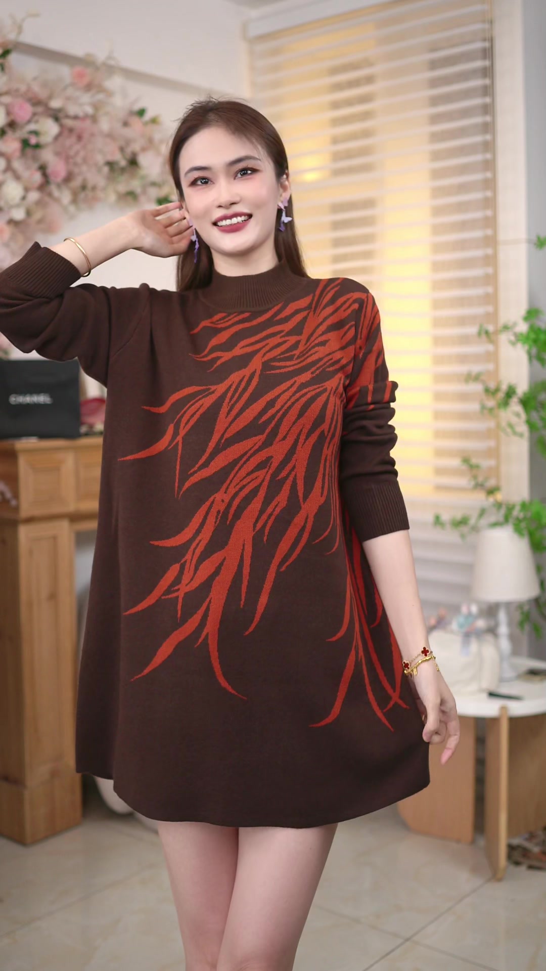 375（咖色柳叶）秋冬中长款百搭提花慵懒风气质针织衫