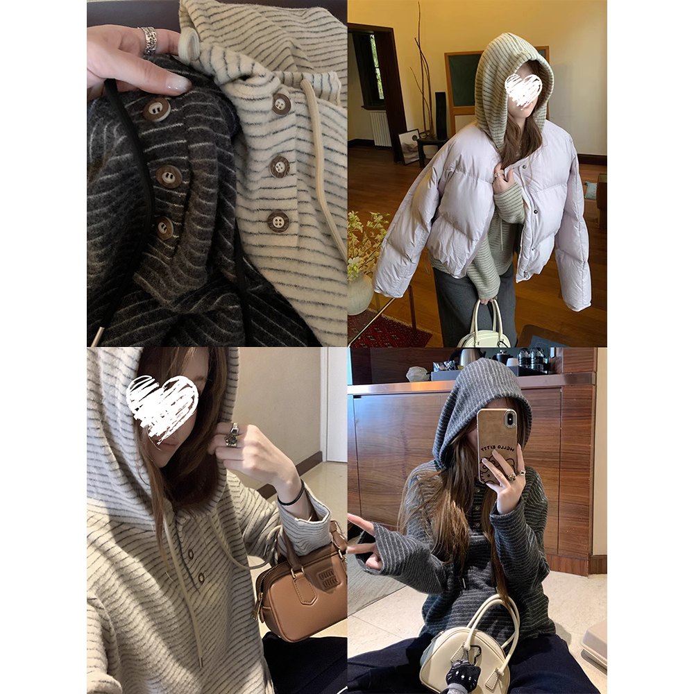 软糯条纹卫衣毛绒感连帽半开门襟韩系休闲百搭上衣 81518