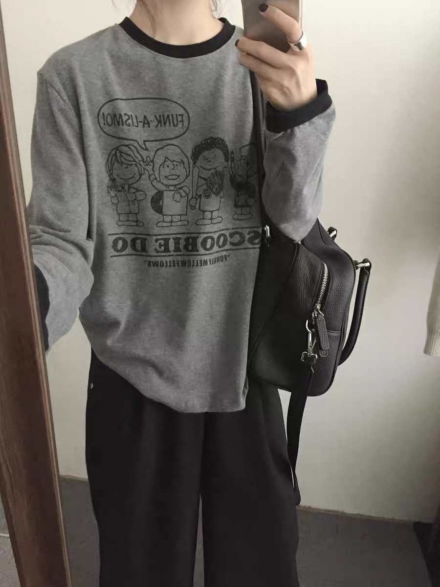 FY韩版休闲宽松圆领卡通印花磨毛长袖T恤  