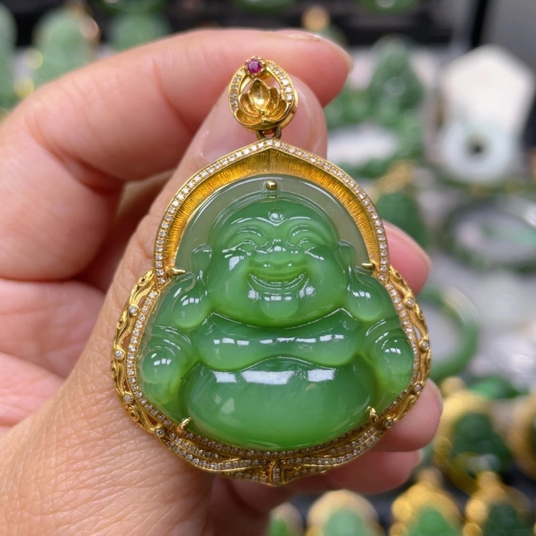 猴教授珠宝18k金豪镶和田碧玉冰底阳绿佛公吊坠裸佛31mm佛公玉坠