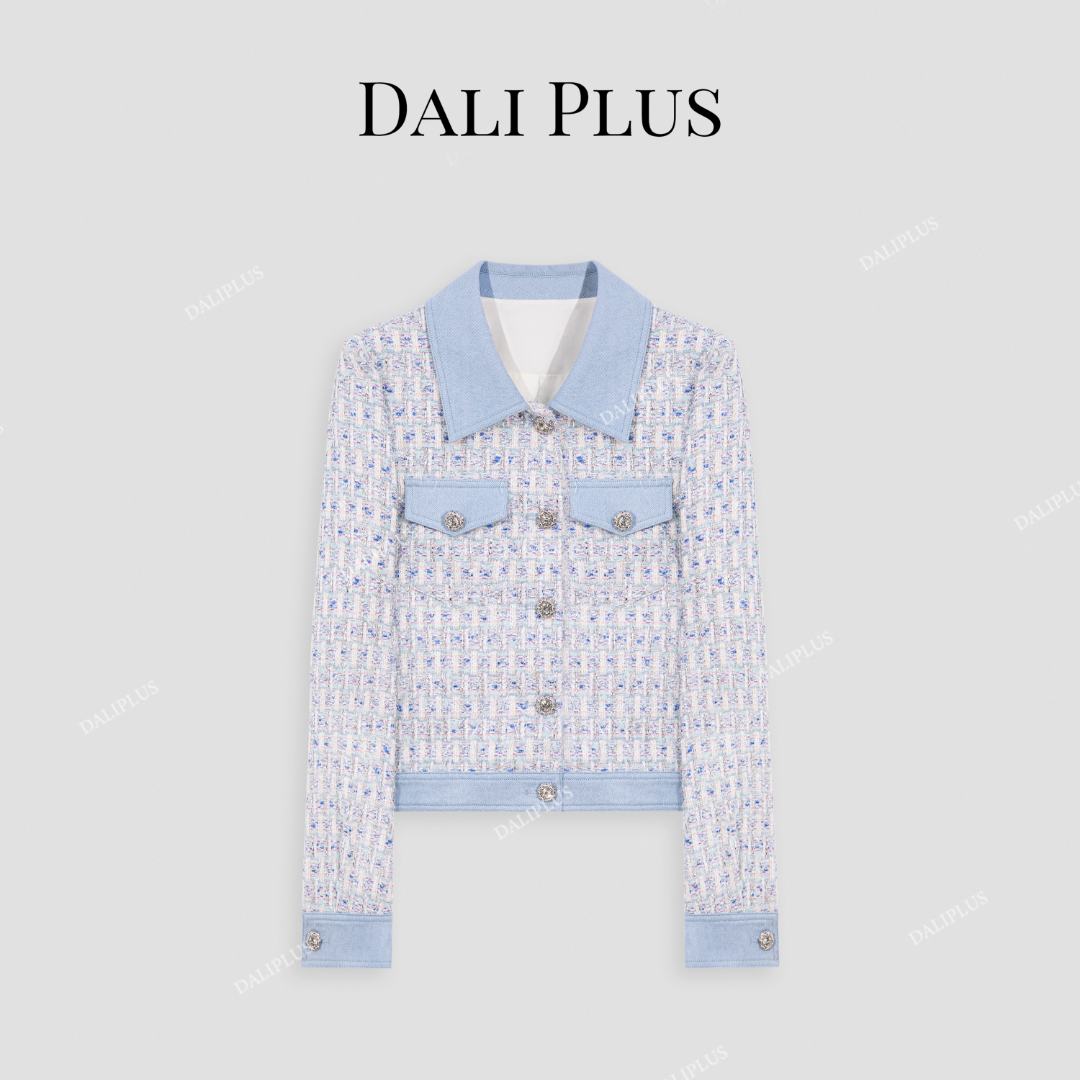 DALI PLUS法式定制花蓝色拼接牛仔编织感拉毛小香风外套-D5LT2011