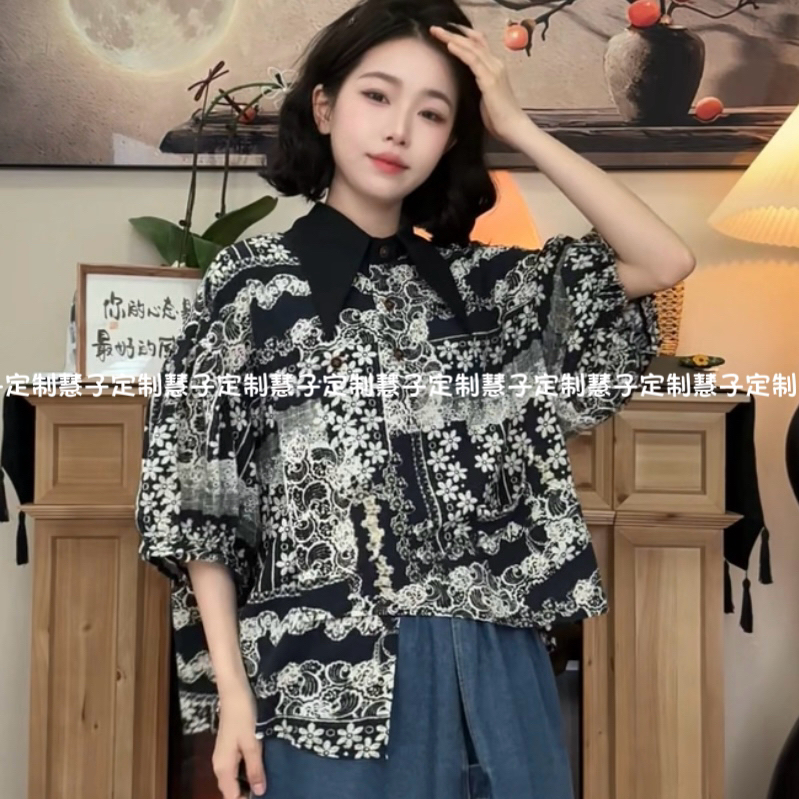 HZ “夏日度假”原创藏青蓝波西米亚随性风尖领小众门襟短袖衬衫