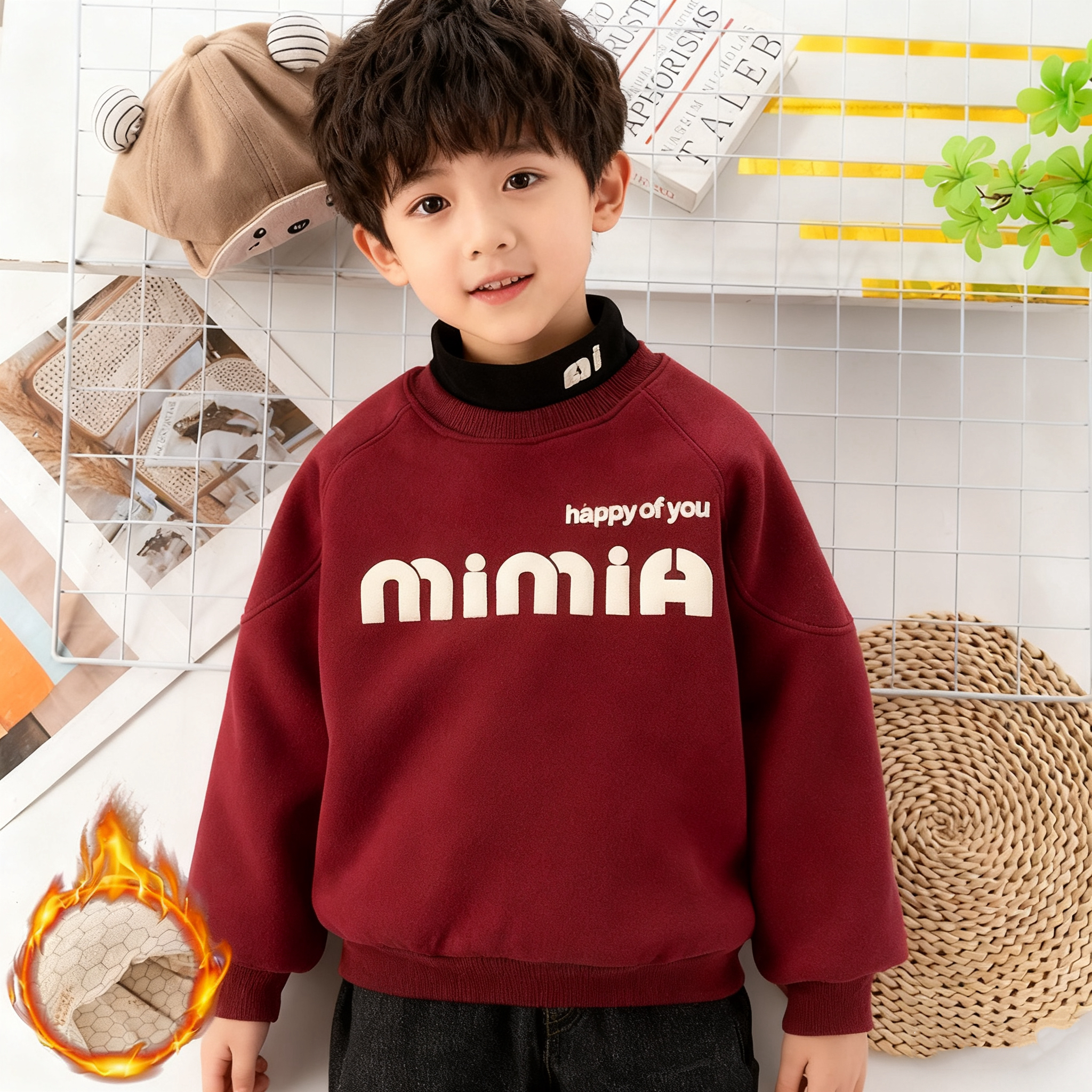 男童加棉加厚卫衣时尚休闲宽松双领保暖卫衣2024新款百搭时尚潮流