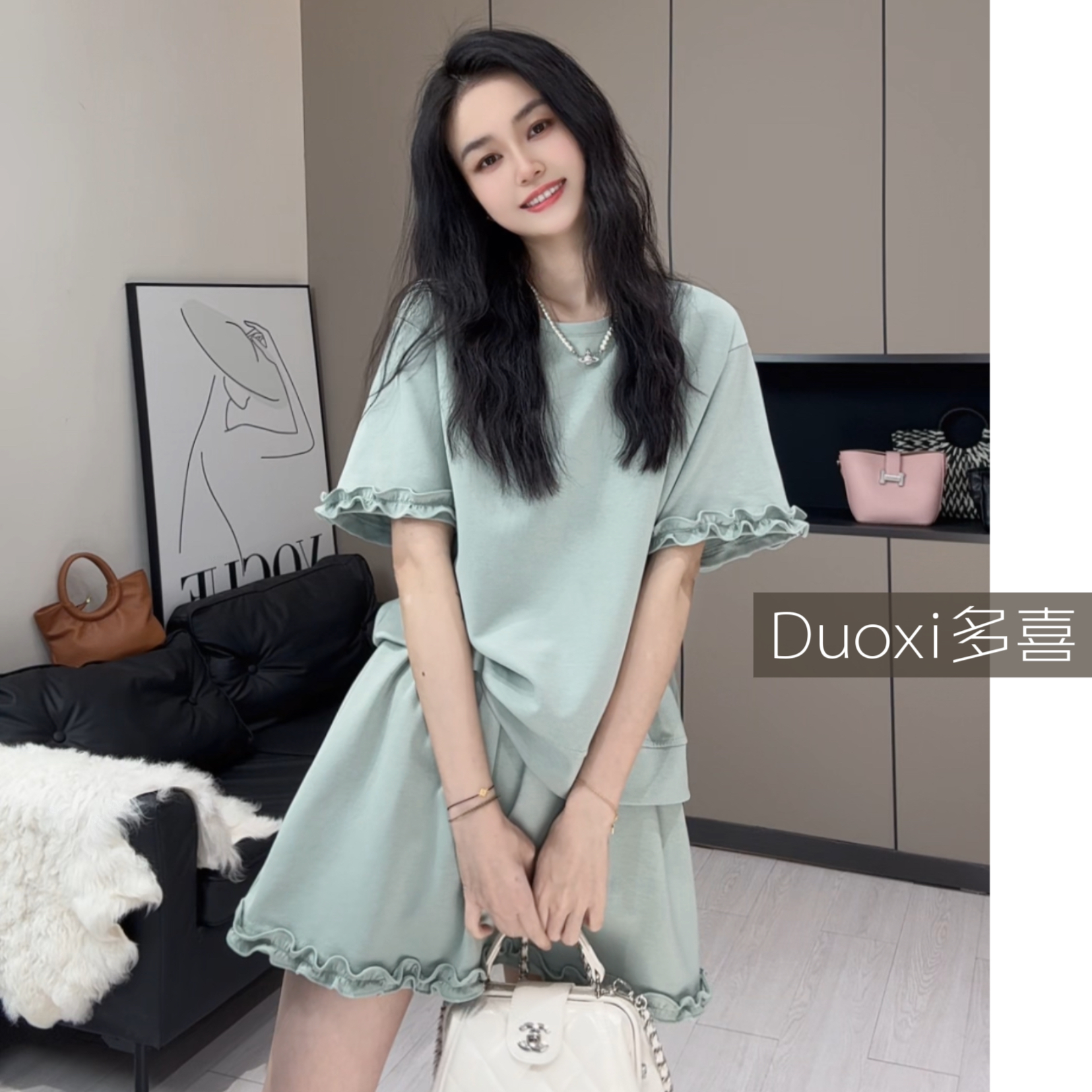 【Duoxi】“自在节奏” 时尚休闲百搭设计款T恤上衣棉T圆领花边套装