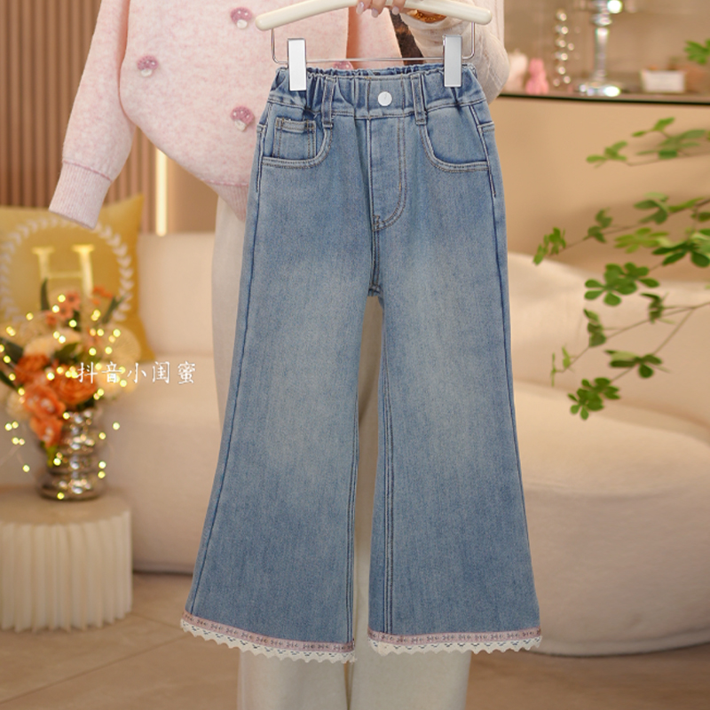 【闺蜜家】女童冬季2025新款潮韩系加绒加厚松紧腰微喇牛仔裤-9136