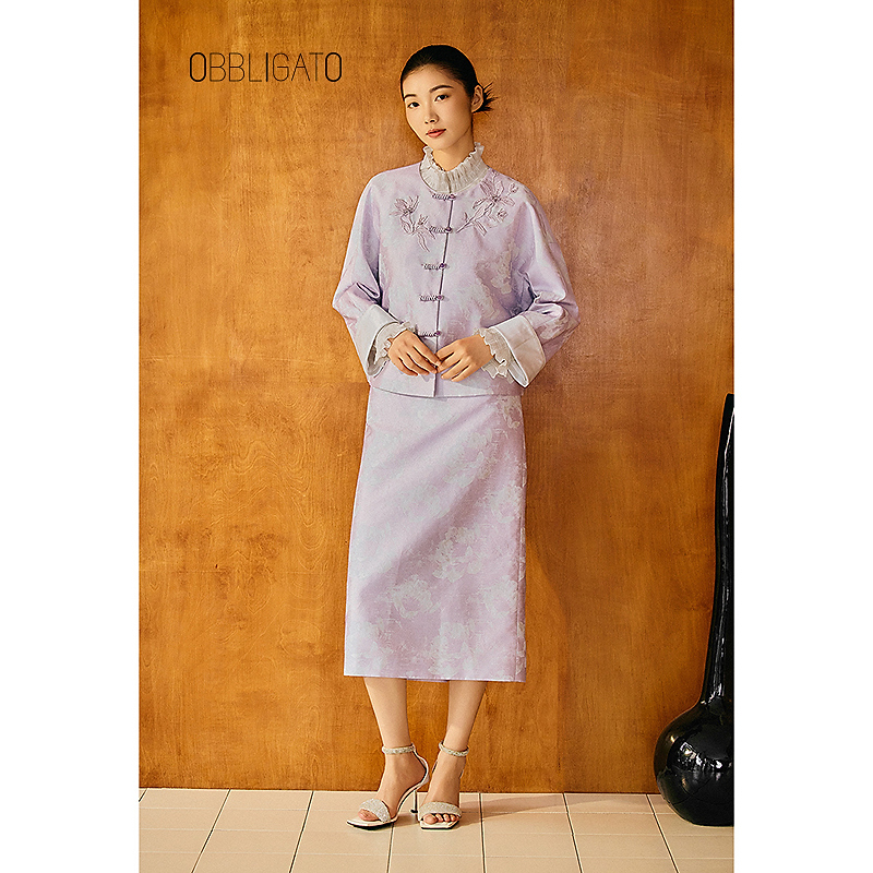 OBBLIGATO奥丽嘉朵2025秋季1C35350120新品新中式缎面印花半身裙