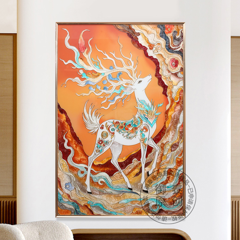 手绘珐琅彩装饰画现代简约轻奢玄关入户走廊过道挂画九色鹿竖版