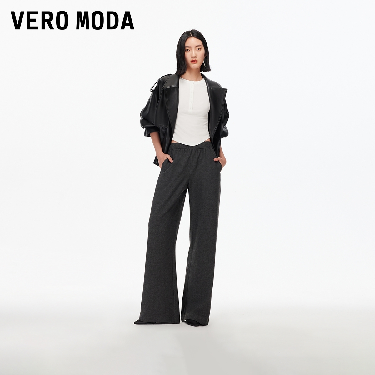 Vero Moda休闲裤2025秋季新款松紧腰头宽松直筒裤休闲百搭流光风