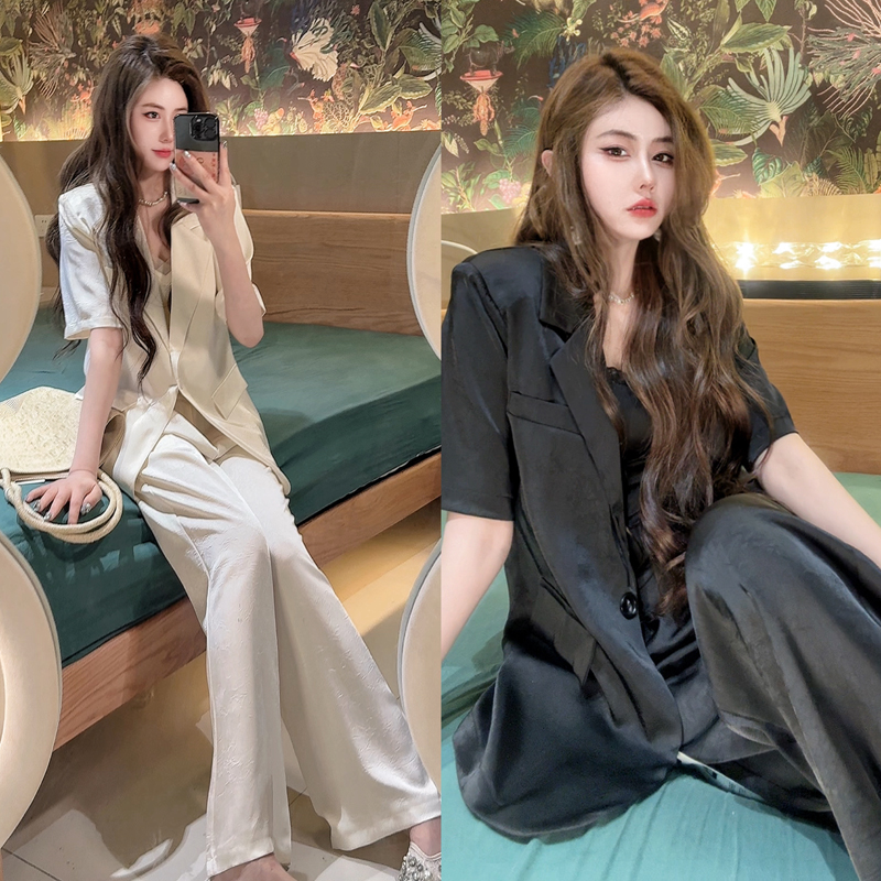 【盛夏初恋】62585一粒扣荔枝纹西装+松紧腰长裤两件套