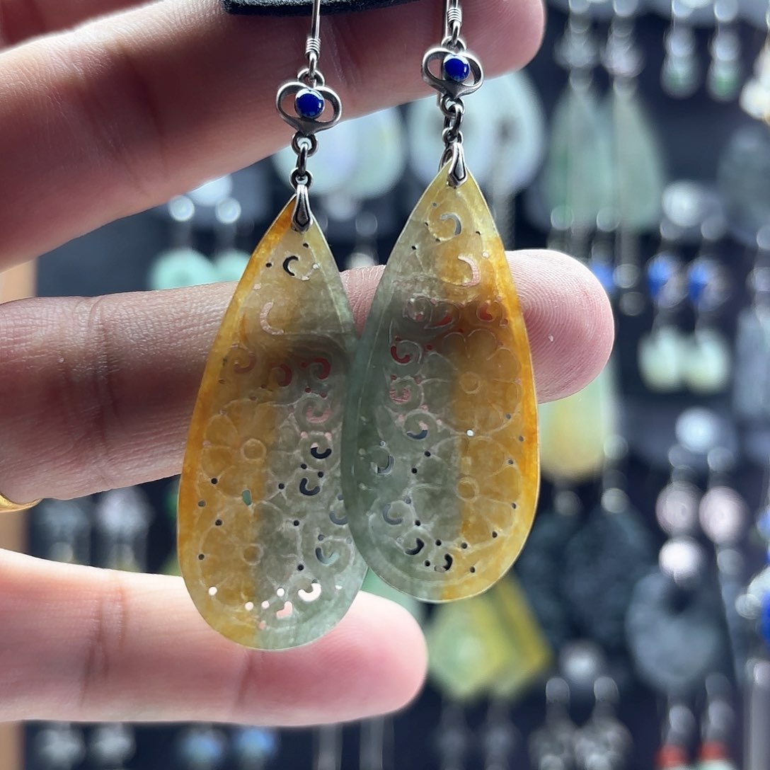 翡翠耳饰银S925镶嵌大**棠