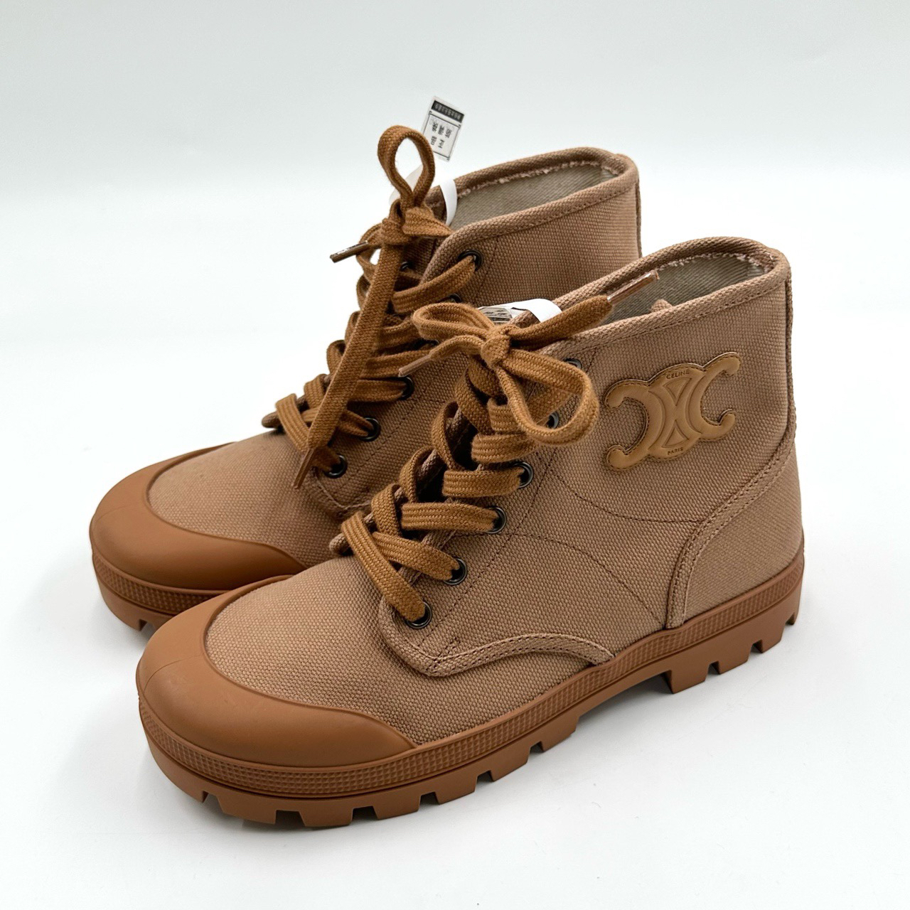 99新 Celine/思琳 Celine/思琳/驼色凯旋门帆布短靴/36码/06264