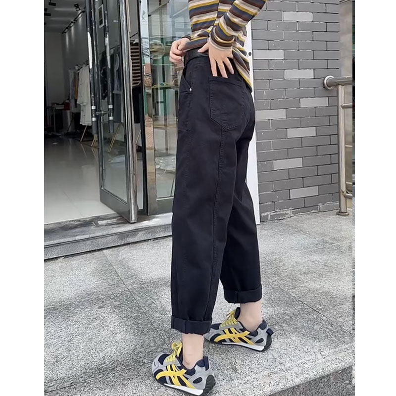 2025秋季新款九分黑色牛仔裤女显瘦遮肉哈伦裤大码遮肉洋气老爹裤