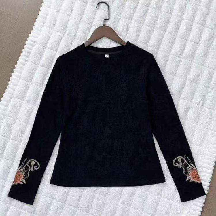 中年妈妈绣花圆领长袖中国风提花圆领刺绣蝴蝶百搭女休闲上衣X045