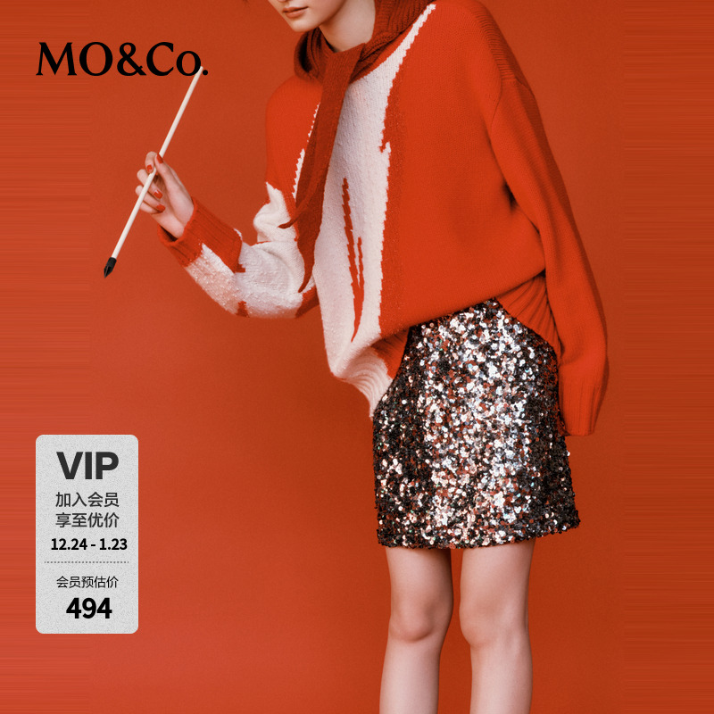 MOCO春季重工珠片叠绣高腰短裙半身裙缎感内衬MBD1SKTK01