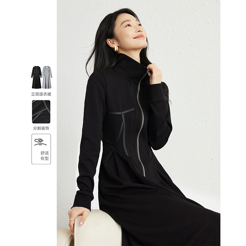 *梵希蔓双拉链设计感卫衣连衣裙女新款休闲长袖开叉长裙30205