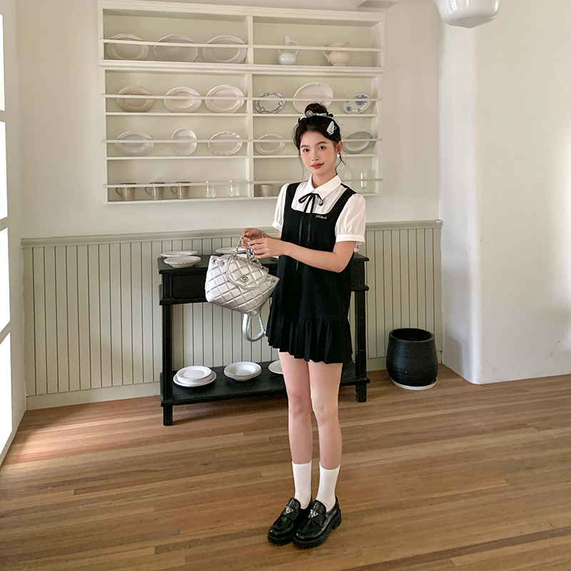 东京岁时记jk卡奶裙学院风女甜美可爱绀色吊带裙假两件衬衫连衣裙