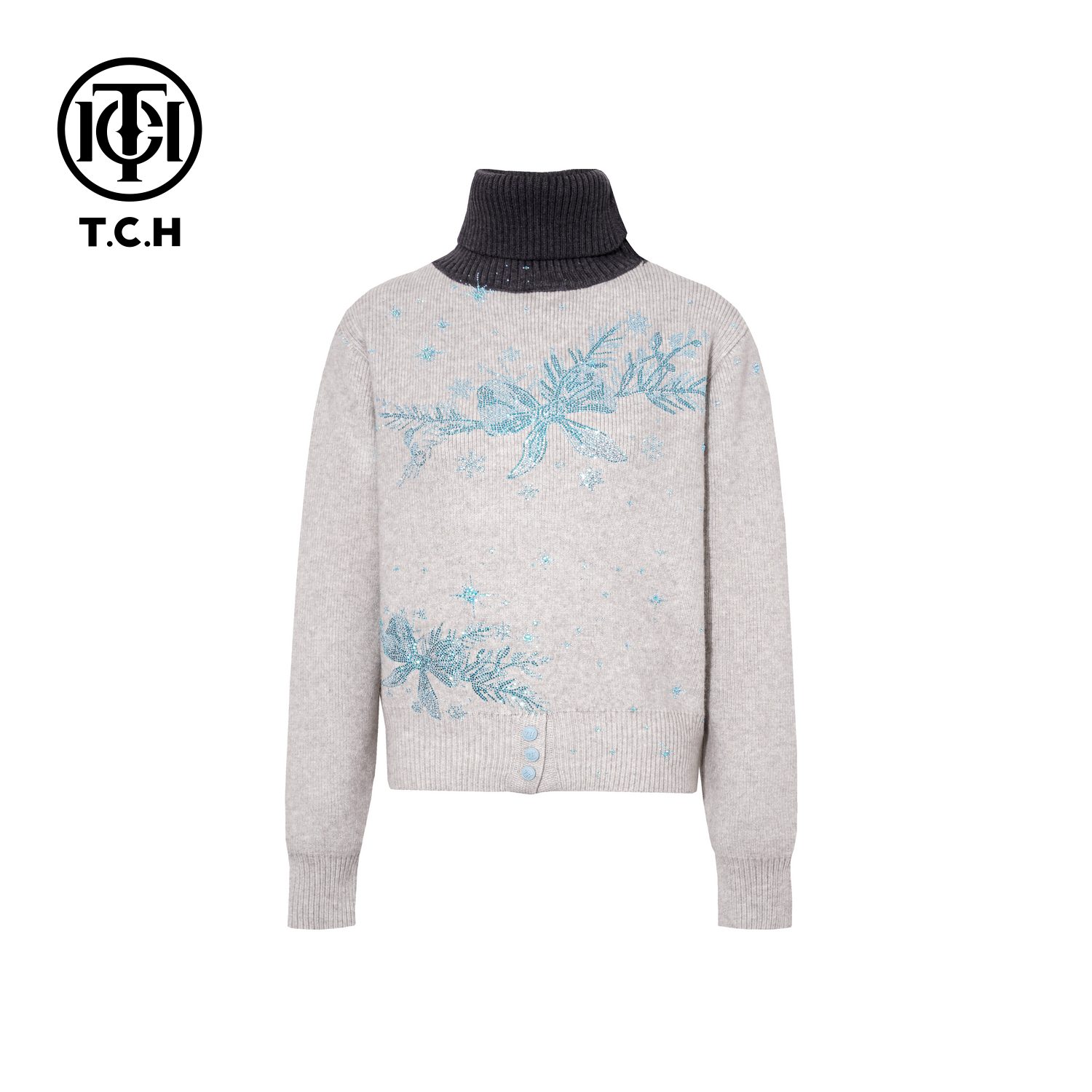 TCH【冬季穿搭】冬款时尚烫钻灰色休闲风女装针织衫T75D09E1242