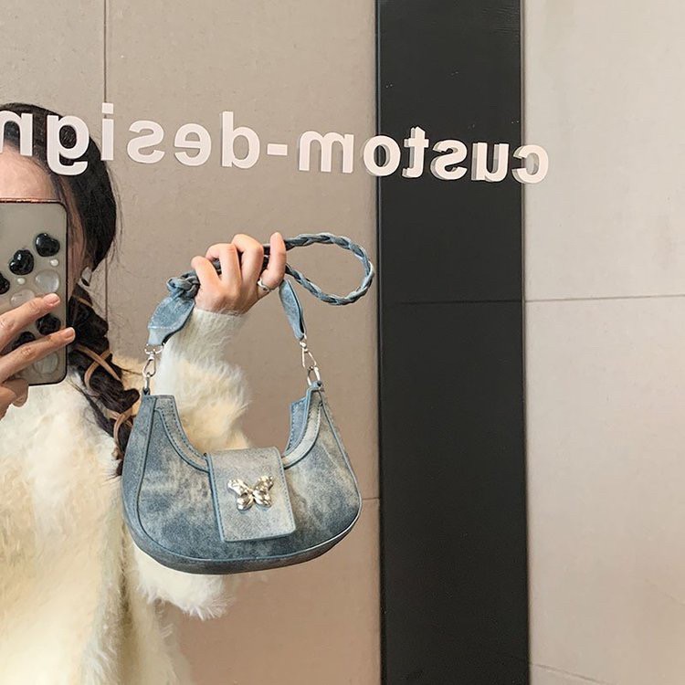 手提式单肩车缝线磁扣编织腋下包街头潮流欧美复古