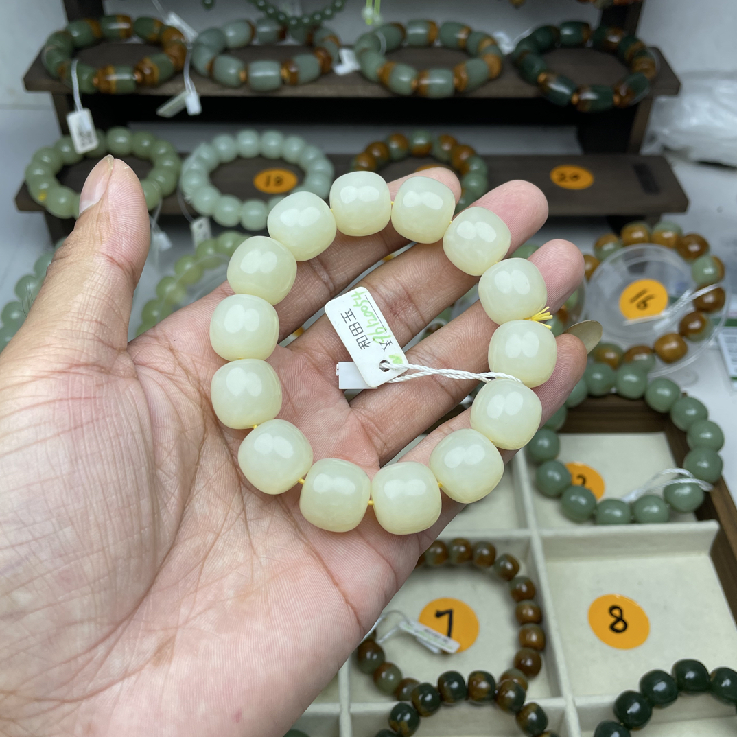 天然新疆和田玉若羌青黄口16mm老型玉手串 一物一证质检发货