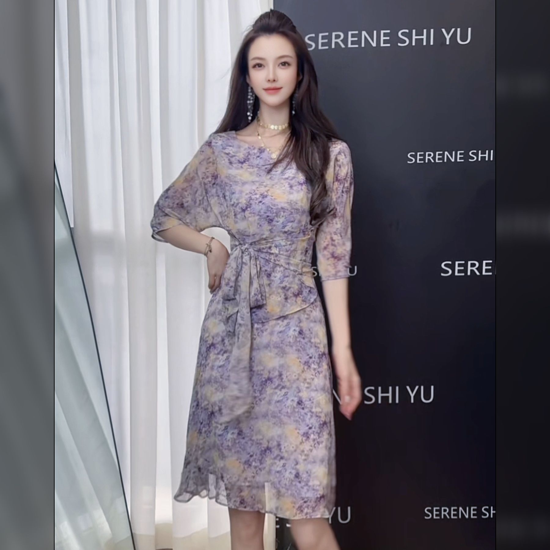 【暗香浮动】显瘦时尚气质优雅绑带收腰淡紫色法式连衣裙LYQ-2823