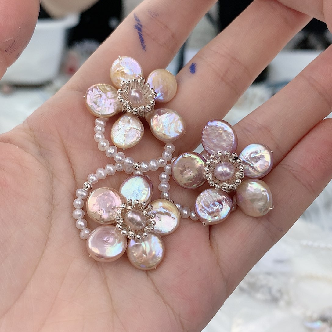 银S925镶嵌耳饰淡水珍珠紫花戒指