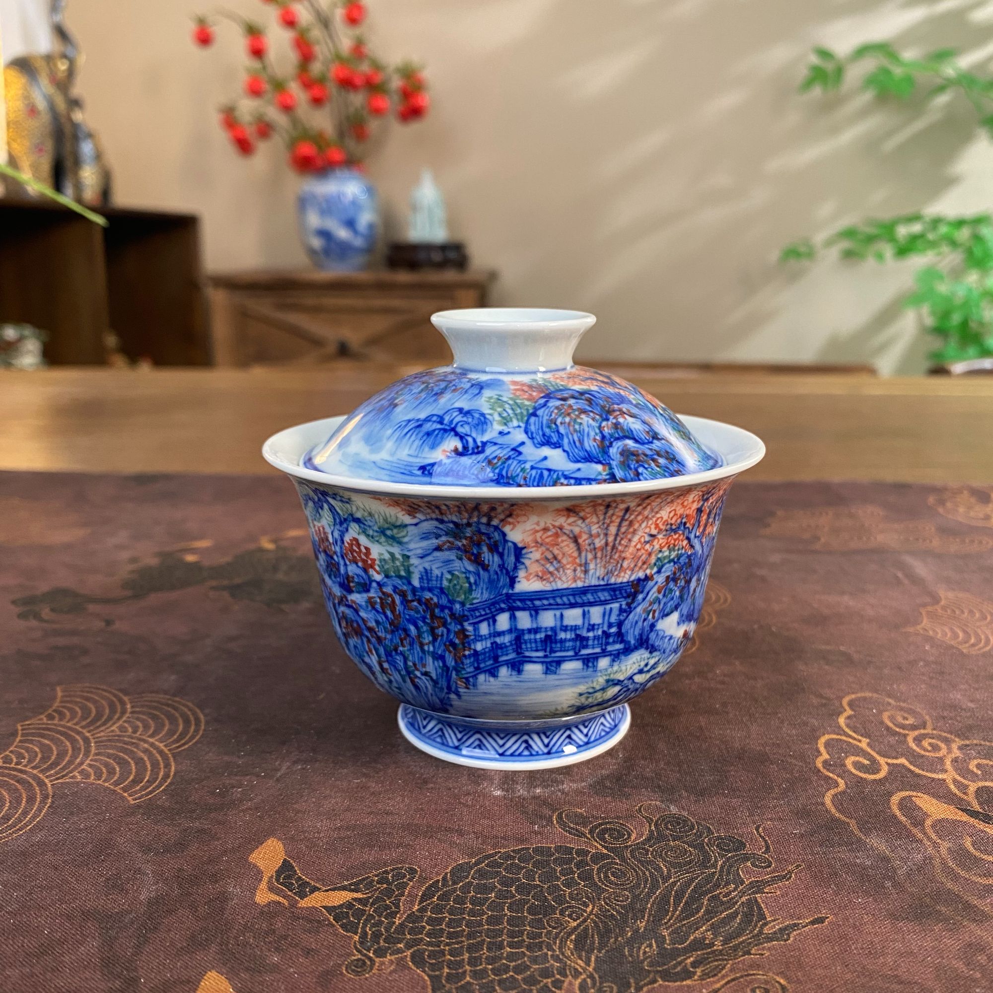 【惜之悟造】玄泽釉下五彩山水盖碗手工手绘景德镇茶具