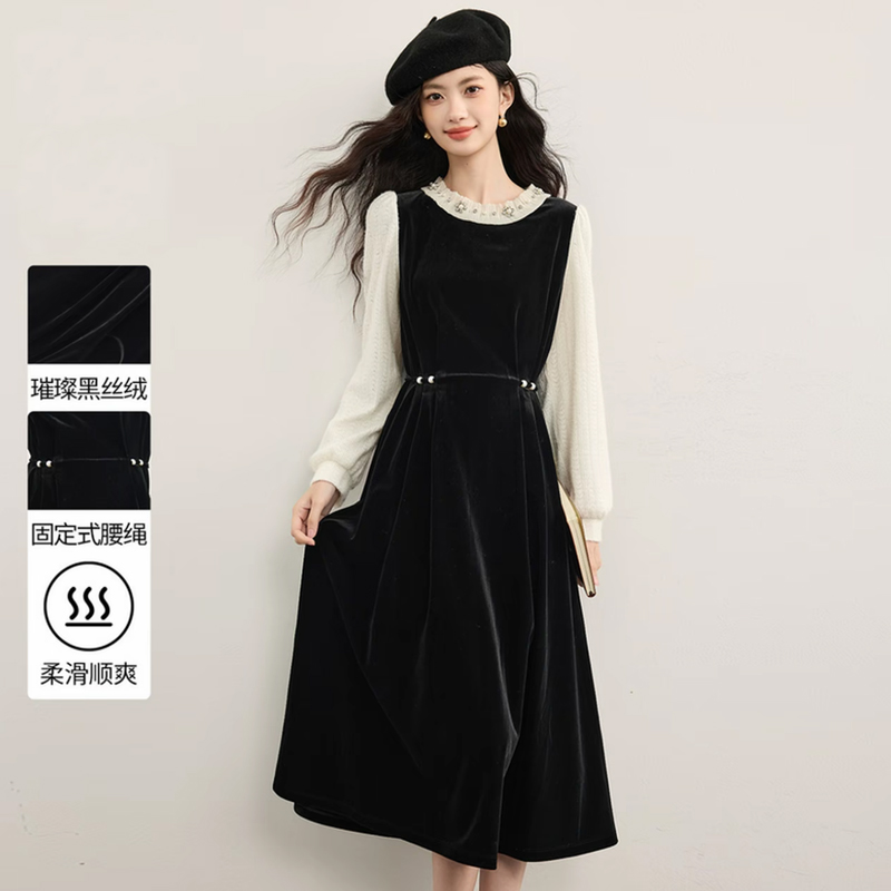 【现货】2025冬季法式赫本风收腰长裙显瘦假两件钉珠丝绒连衣裙8618