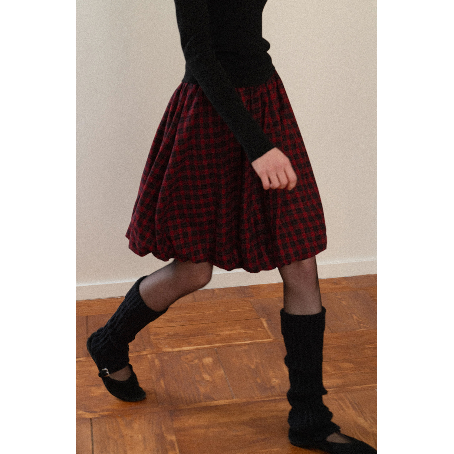 EGGKA韩系蓬蓬立体花苞半身裙高腰复古显瘦格子a字裙E25B30632BK