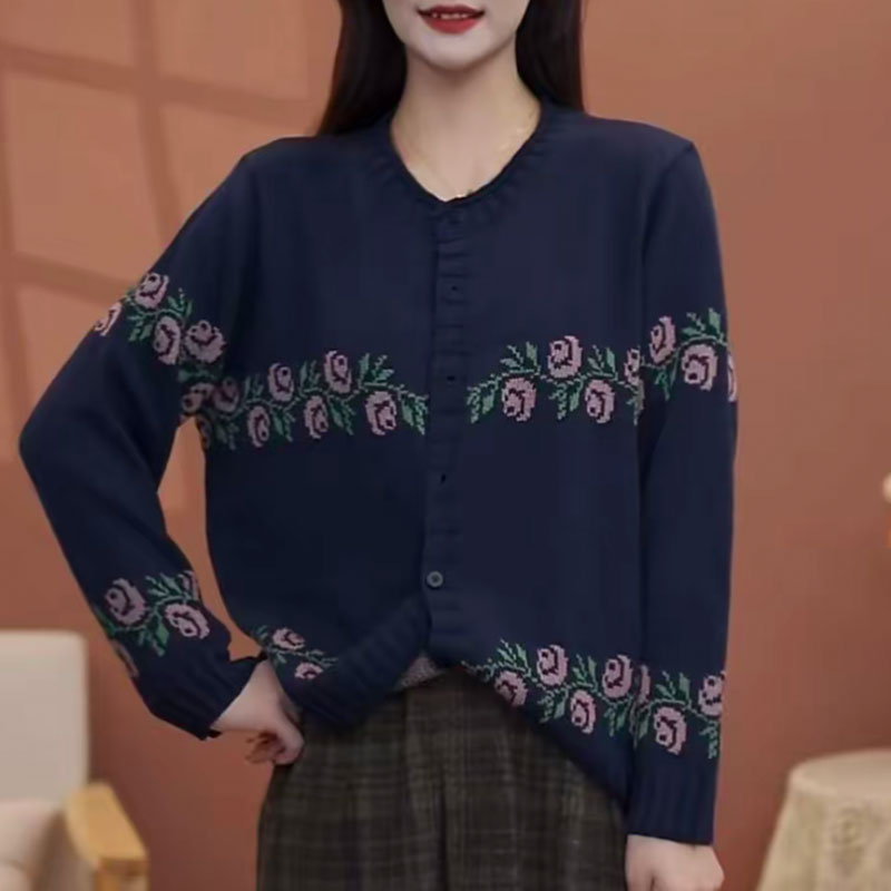 时尚百搭长袖毛衣外套提花绣花女装针织衫复古民族风秋冬上衣开衫