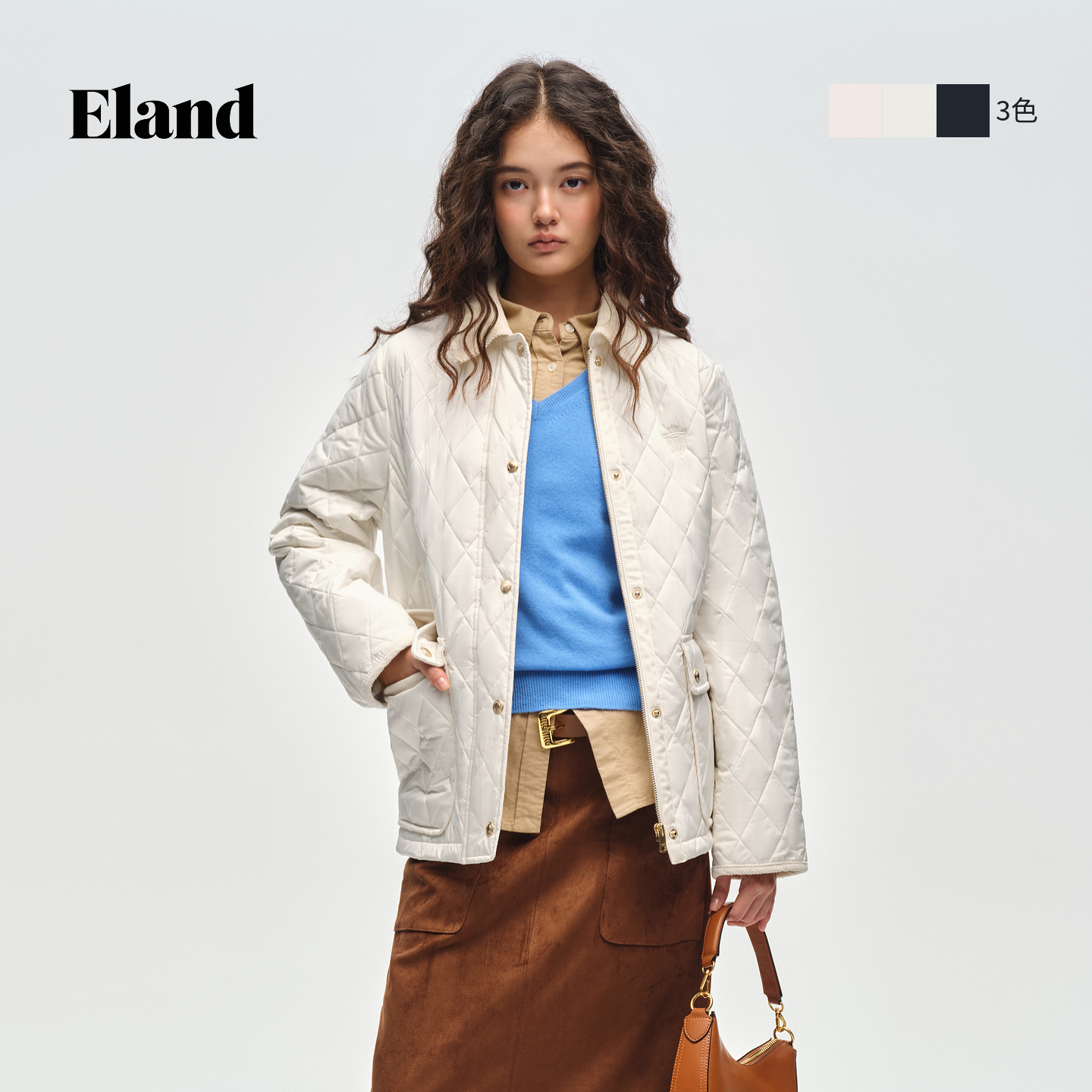 Eland衣恋棉衣女菱格翻领通勤小香风外套保暖棉服EEJPG11E01