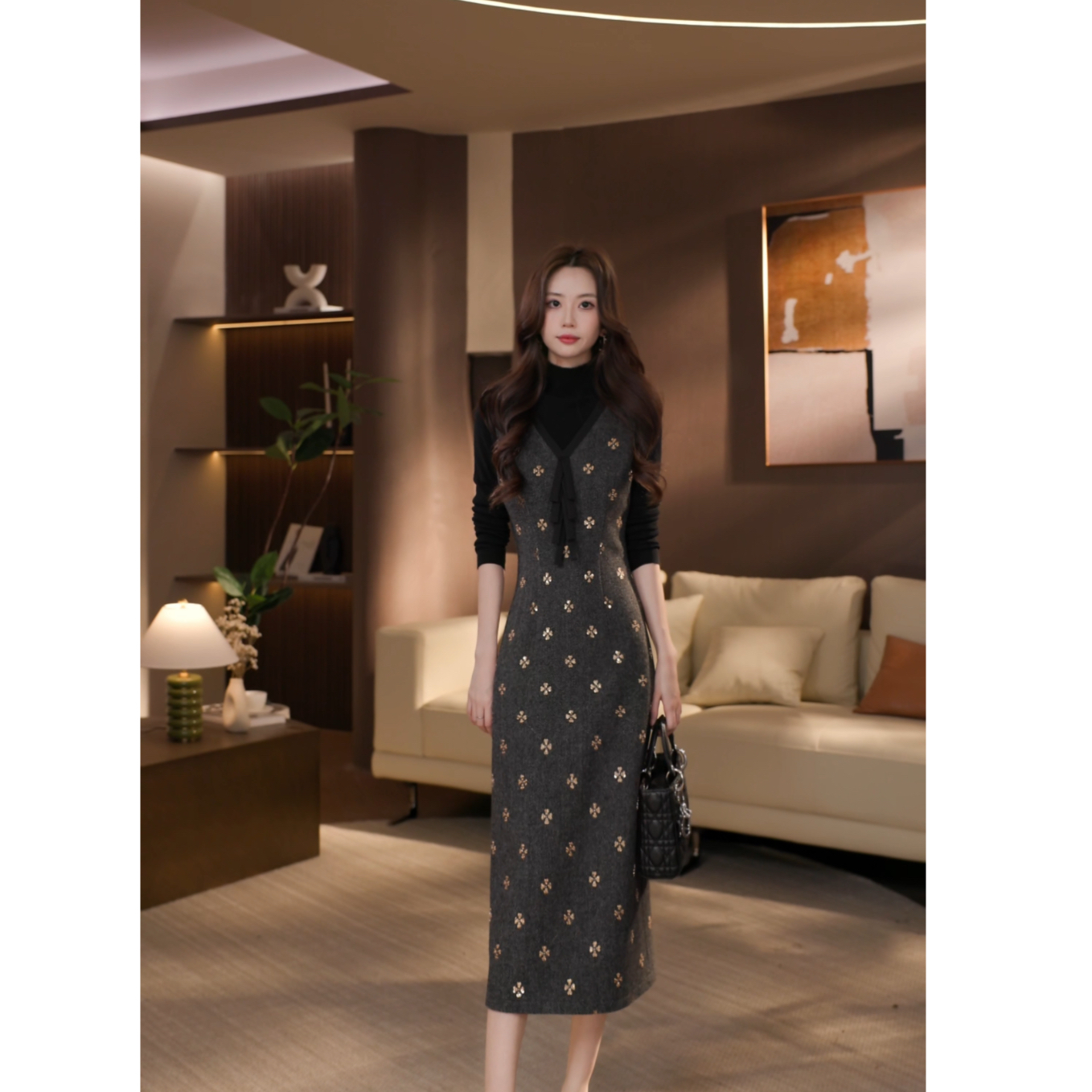 晓西【典雅灰韵】新款秋冬羊毛气质优雅显瘦收腰背心连衣裙-50639Q