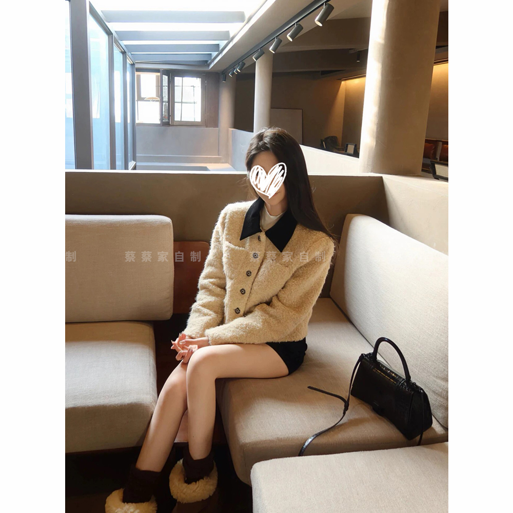 蔡蔡家【海派甜心】小香风翻领羊羔毛短款休闲慵懒夹棉外套2515#